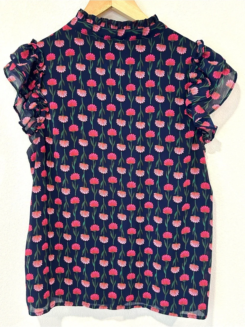 J. Crew Navy Blue Floral Satin Ruffle Blouse Preppy Cottagecore Office Size S